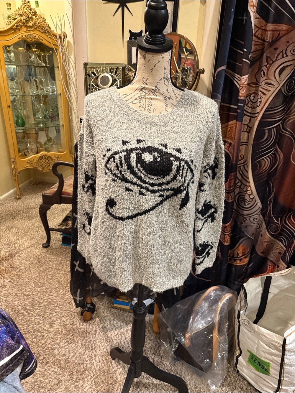 Cozy Gray Eye-Pattern Sweater - Women's Relaxed Knit